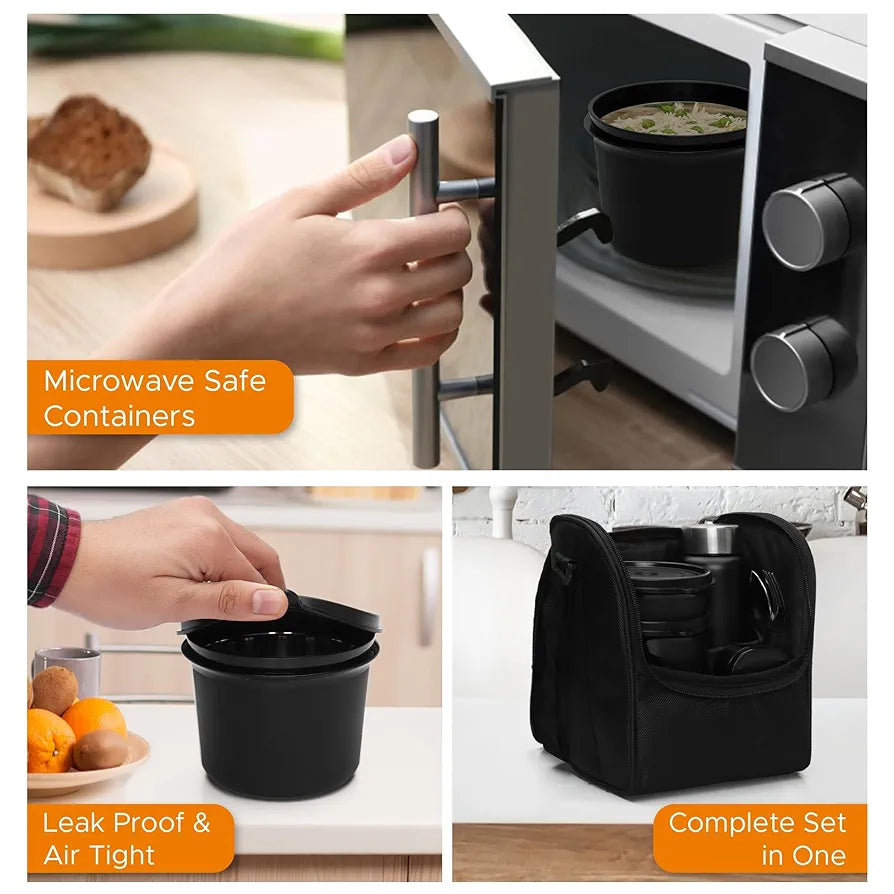 Jaypee Plus Meal Plus 1390 ml Stainless Steel Office Lunch Box | BPA Free, Microwave Safe & Spillproof Airtight 4 Containers | Includes Bottle, Spoon, Fork & Bag | Ideal for College & School